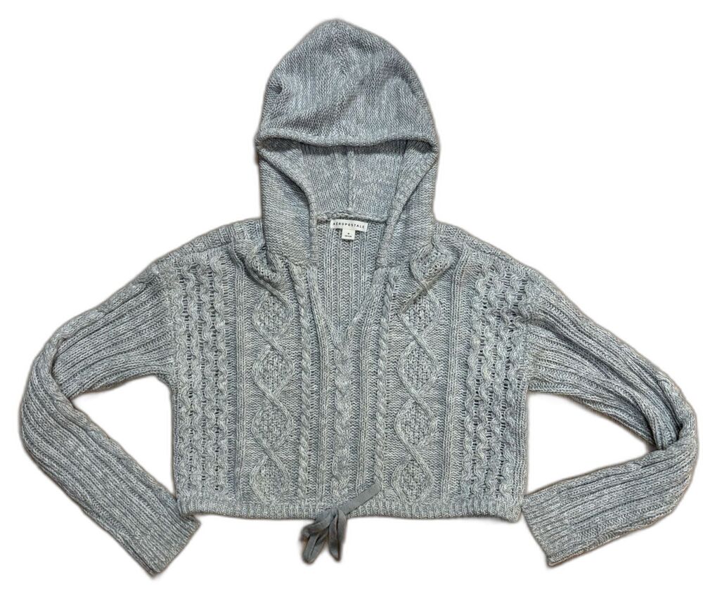 Aeropostle Hoodie Boho Cable Knit CROPPED Pullover Hooded Sweater Buttons Soft